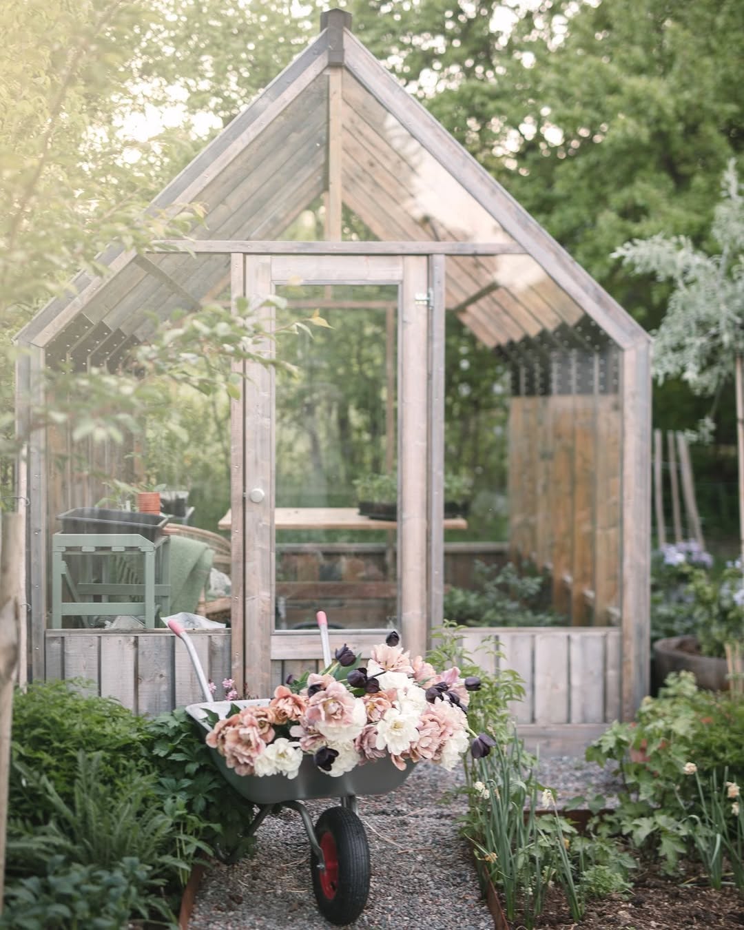 Wooden greenhouse with a wheelbarrow full of flowers in a garden setting